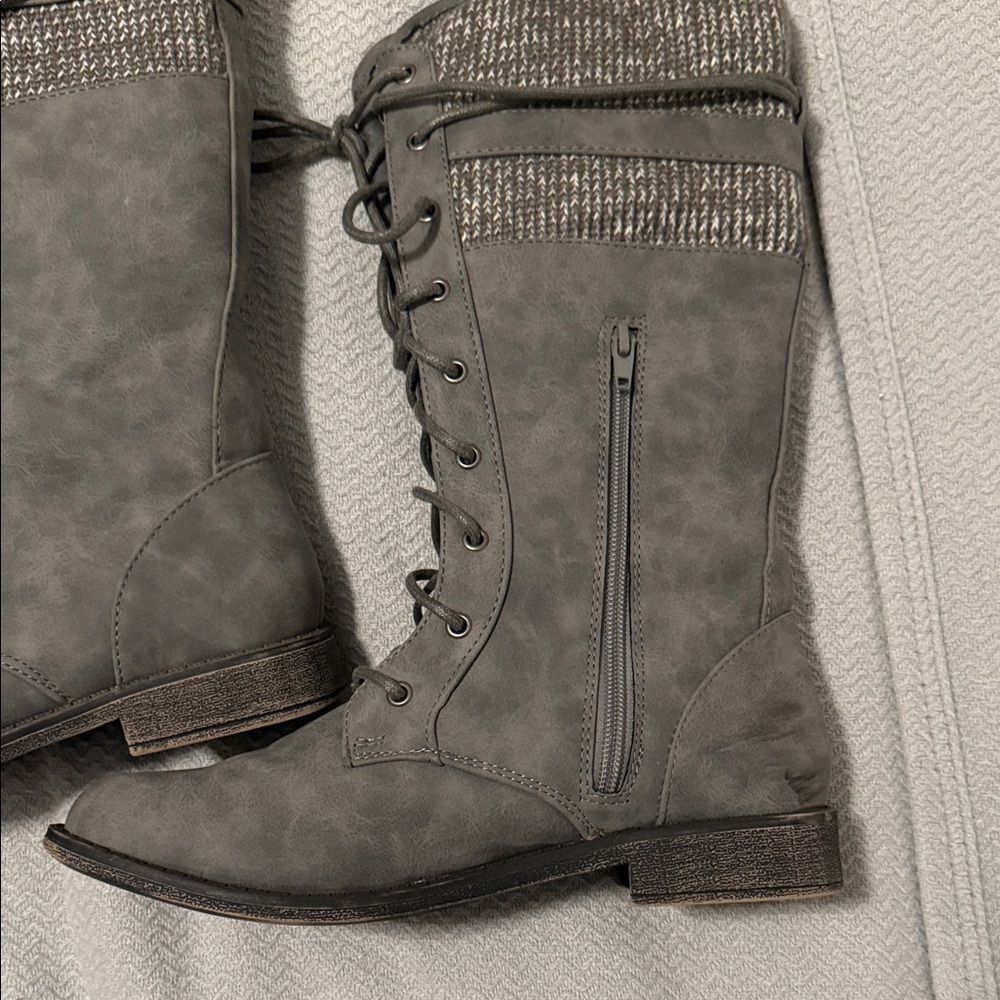 Women's Lace-Up Knit Cuff Tall Boots - Gray - Picture 2 of 11